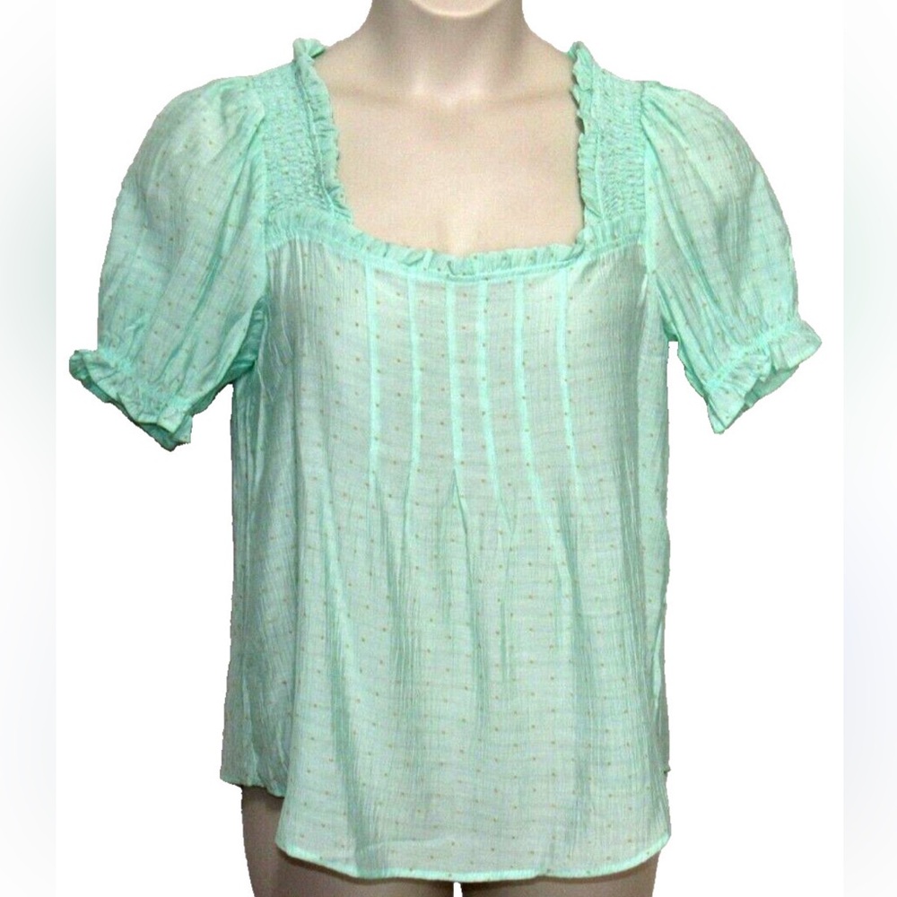 NWOT Mine @ Anthropology Mint Green Puff Sleeve Polka Dot Blouse - Picture 2 of 9